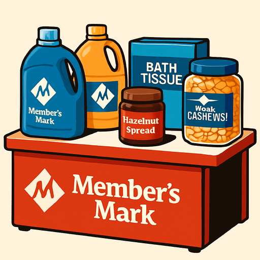 Una mesa de un demostrados, con productos members mark..
In-Game asset.  High contrast.  No shadows