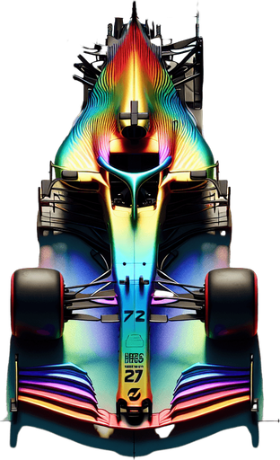 Full-length F1 concept race car IN TOP VIEW! 
Rainbow coloured Gradient paint on body. "FRVR" text..
Single Game Texture. In-Game asset. 2d. Blank background. High contrast. No shadows.