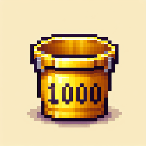 golden bucket with 100 text on it. front view. 
Single Game Texture. In-Game asset. 2d. Blank background. High contrast. No shadows. pixel. 8 bit