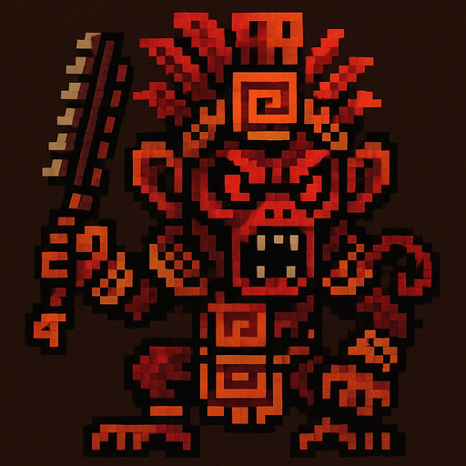 Genérame una MONO TITÍ guerra azteca con eso patrones estilo pixelar, con una apariencia maligna..
In-Game asset.  2d.  High contrast.  No shadows