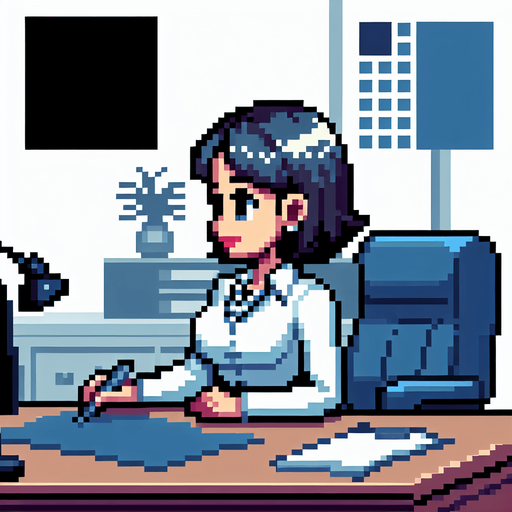 8-bit. cartoon. fancy office person. woman. seen from the side. in game assset. Single Game Texture. In-Game asset. 2d. Blank background. High contrast. No shadows.