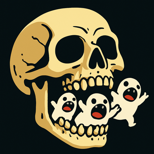 cabeza de esqueleto con montruos blancos en la boca.
In-Game asset.  2d.  High contrast.  No shadows