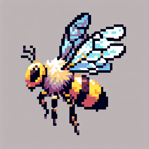 genera una abeja con alas de mariposa en pixel art solo de perfil mirando a la izquierda.
Single Game Texture.  In-Game asset.  2d.  Blank background.  High contrast.  No shadows