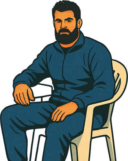 Beyaz plastik sandalye ve masa da oturan volkan demiren görseli oluştur . bu görsel de volkan demirel Lacivert eşofman takımı giyiyor olsun . retro temada olsun !.
In-Game asset.  2d.  High contrast.  No shadows