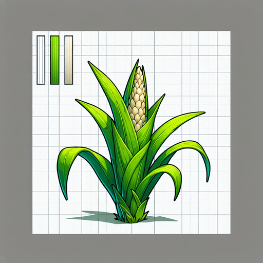 A young, unripe corn plant..
Single Game Texture. In-Game asset. 2d. Blank background. High contrast. No shadows.