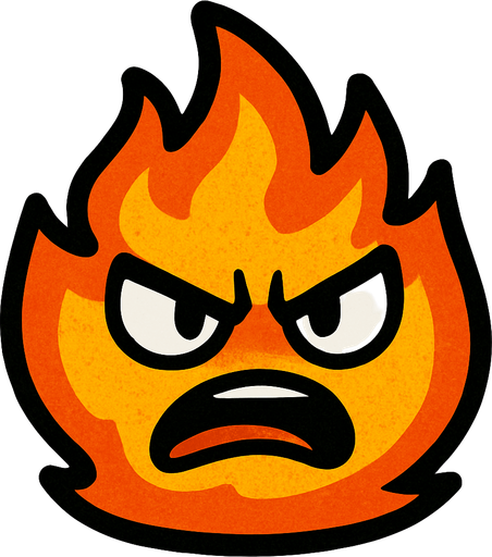 un fuego con ojos y boca, de expresion enojado.
In-Game asset.  2d.  High contrast.  No shadows