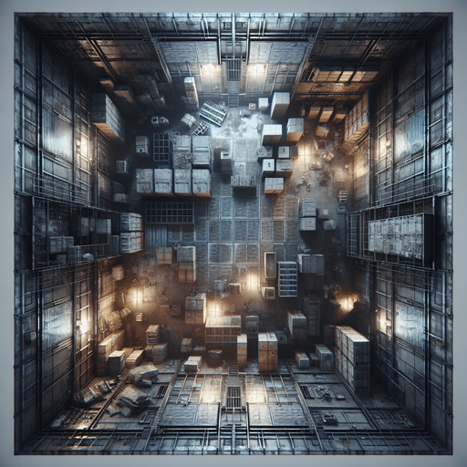 A gritty, industrial warehouse room viewed directly from above. The room has metallic walls, scattered debris, and crates across the floor. There are entrances in the middle center of each wall: top, bottom, left, and right, resembling doorways. The room fills the entire frame, with dim lighting to create an intense atmosphere..
Full-frame, top-down view of an industrial warehouse room. Metallic walls, scattered debris, and crates. Open entrances centered on each wall: top, bottom, left, and right. Dim lighting, no 3D perspective.