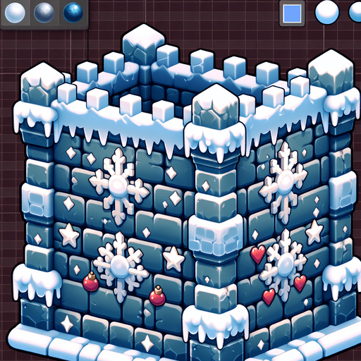 A medieval wall built of ice blocks, with stars and christmas hearts as ornaments. Single Game Texture. In-Game asset. 2d. Blank background. High contrast. No shadows.