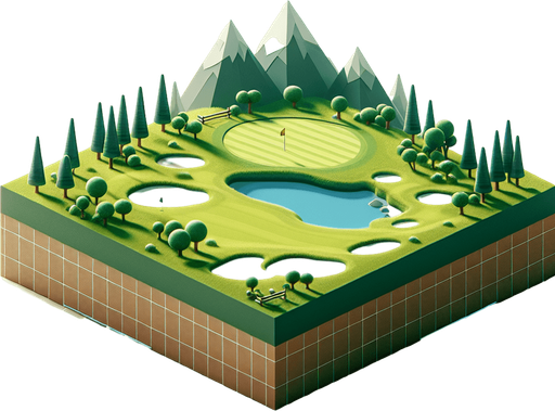 Terrain de golf avec un seul trou.
Single Game Texture. In-Game asset. 2d. Blank background. High contrast. No shadows.