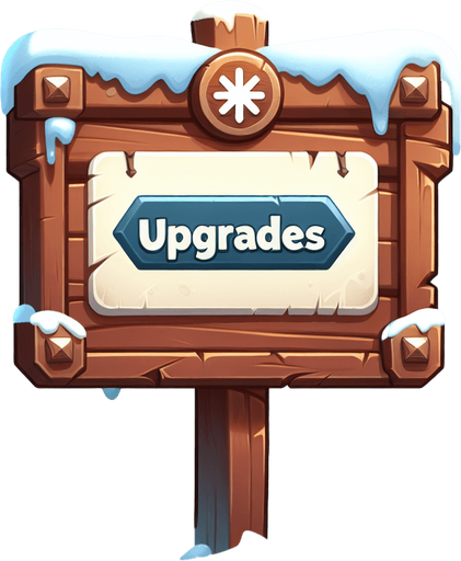 A wooden sign with text "UPGRADES" in a winter theme.
Single Game Texture. In-Game asset. 2d. Blank background. High contrast. No shadows.