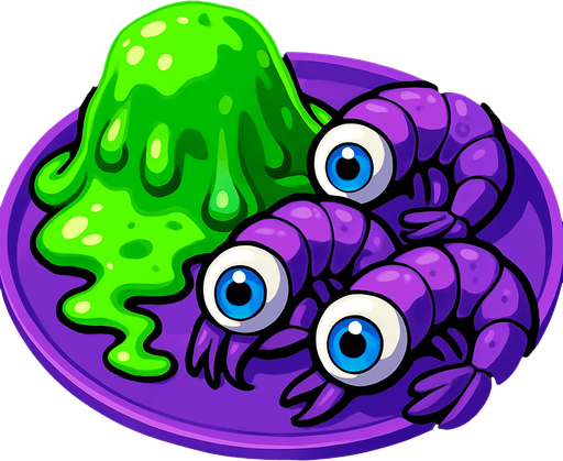 Alien food: Some green, oozing jelly and some purple shrimp with blue Human eyes all on a plate
In-Game asset.  2d.  High contrast.  No shadows.