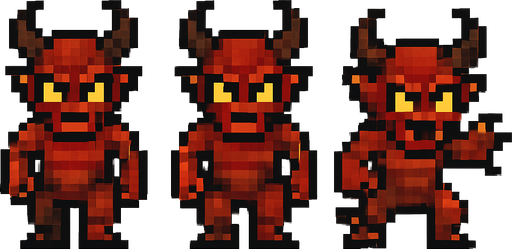 A sprite sheet for a demonic imp.Two walking sprites alternating feet and one attack sprite. Straight forward frontal view. Imp is facing the camera. White background. Retro pixel art..
In-Game asset.  2d.  High contrast.  No shadows