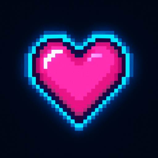 Neon pink heart. Pixel art style. Slight neon blue outer glow.
In-Game asset.  2d.  High contrast.  No shadows