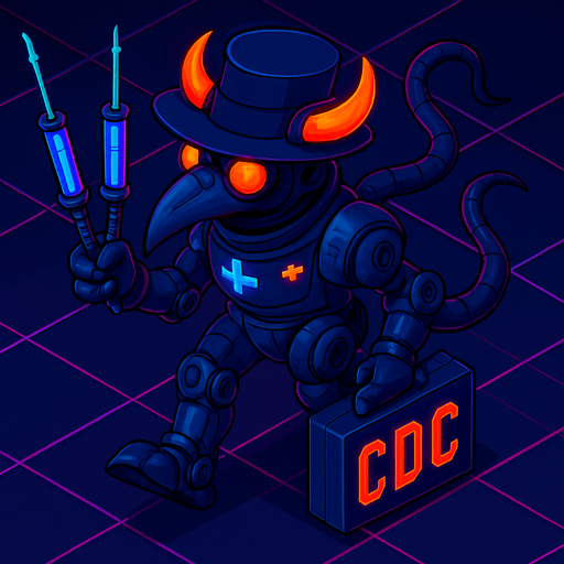 Neon cyberpunk anime top down isometric animatronic plague doctor cyborg demon medic CDC corporate robot monster disease pestilence medicine syringes Walking animation