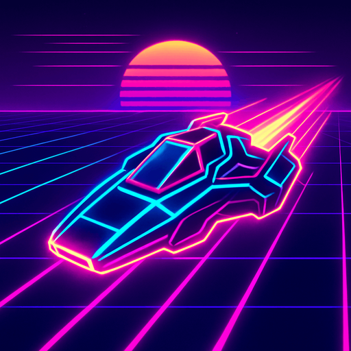 synthwave neon glow audiosurf or f-zero like ship.
In-Game asset.  2d.  High contrast.  No shadows