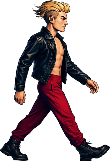 Walking Front arm in front of body, front leg extended behind, back leg in front, limbs positions swapped, Swishy graceful man Cyberpunk manga, side profile view walking animation, shiny black leather biker jacket longsleeves shirtless Skinny abs blonde pompadour guy, wine red joggers combat boots, Background removed, "Full-body character, entirely in frame, no cropping of face, head, or feet" "Complete character visible, from head to toe, fully centered in the image" "Entire character, including face and boots, fully within the frame" Character fully contained within a square frame, no edges cut off fashion model idle pose