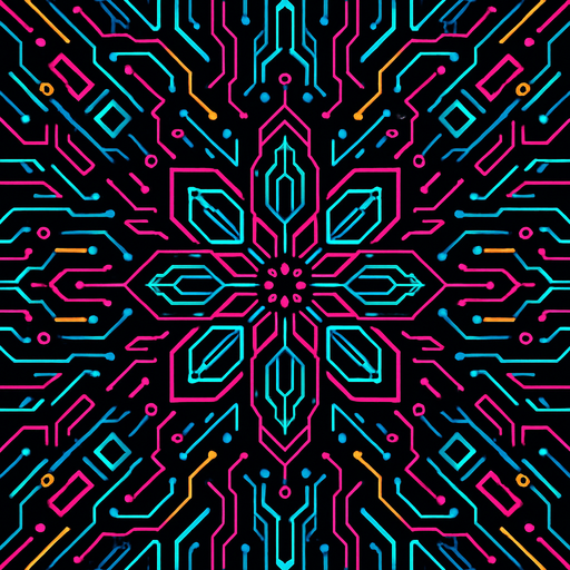 Cyberpunk style kaleidoscope pattern design for homepage.
In-Game asset.  2d.  High contrast.  No shadows