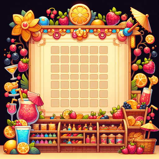 A fullscreen background gui element for an in-game shop. It should be mostly blanks space, but along the edges there could be some structure or decorative vines and items, mostly related to fruits, berries, cocktails in a summer theme..
Single Game Texture. In-Game asset. 2d. Blank background. High contrast. No shadows.