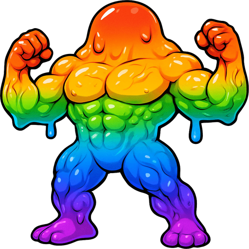 Elleri ayakları kolları olan gökkuşağı renklerinde yüzsüz çok fazla kaslı damarlı slime yap. Tatlı
In-Game asset.  2d.  High contrast.  No shadows
