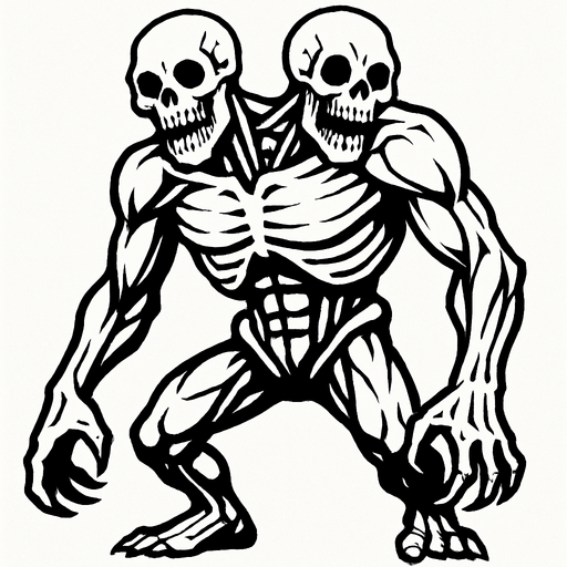 montruo blanco de ojos negros de dos cabezas musculoso esqueletico.
In-Game asset.  2d.  High contrast.  No shadows