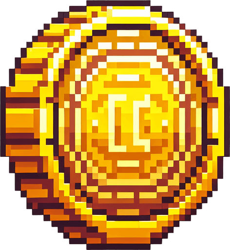 Золотая монетка.
Single Game Texture.  In-Game asset.  2d.  Blank background.  High contrast.  No shadows. pixel art