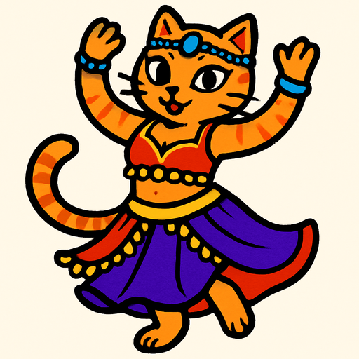 dansöz kıyafetli ayakta duran elleri havada dans eden bir kedi.
In-Game asset.  2d.  High contrast.  No shadows