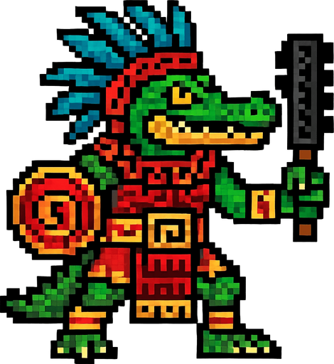 Generame un guerrero azteca con patrones, estilo pixelar, ademas sera un Caimán llanero humanoide..
In-Game asset.  2d.  High contrast.  No shadows