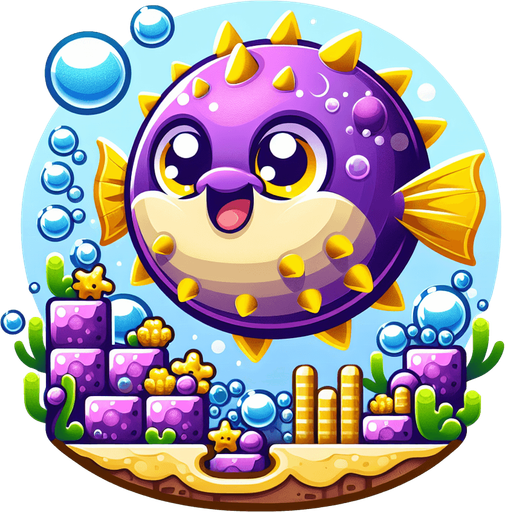 a game logo for a game called 'Bubble Blower Tycoon' about a happy purple pufferfish with yellow fins and spines that builds an underwater empire of bubbles. Cartoon.
Single Game Texture.  In-Game asset.  2d.  Blank background.  High contrast.  No shadows