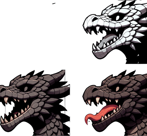 A sprite sheet for a dragons head. Head straight forward with mouth open and one with mouth closed. Cartoon..
Single Game Texture.  In-Game asset.  2d.  Blank background.  High contrast.  No shadows