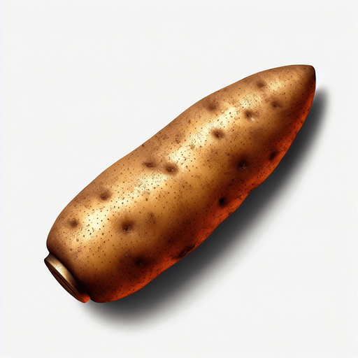 A bullet shaped potato.
Single Game Texture. In-Game asset. 2d. Blank background. High contrast. No shadows.