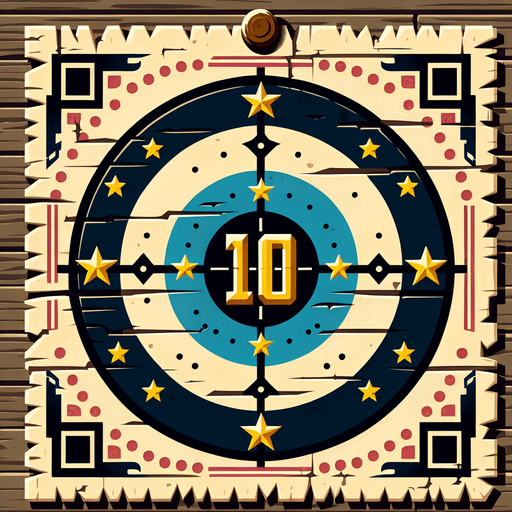 western shooting target with 10 written on it..
Single Game Texture. In-Game asset. 2d. Blank background. High contrast. No shadows.