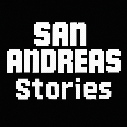 letras que dicen san andreas stories blancas hechas con pixeles.
In-Game asset.  2d.  High contrast.  No shadows