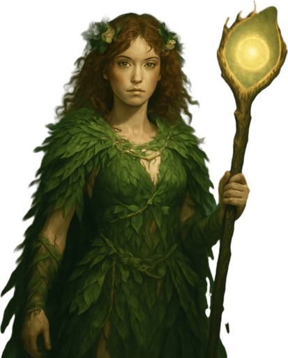 A forest druidess cloaked in green vines, leaves, and bark-woven garments, standing among ancient stone circles. Female, 28 years old, slender and fierce, auburn curly hair with forest flowers woven in, moss-green eyes, and freckled sun-kissed skin. A glowing staff carved from elderwood is in her hand, and glowing butterflies swirl around her. Realistic, highly detailed, enchanted forest atmosphere. realistic.
In-Game asset.  2d.  High contrast.  No shadows