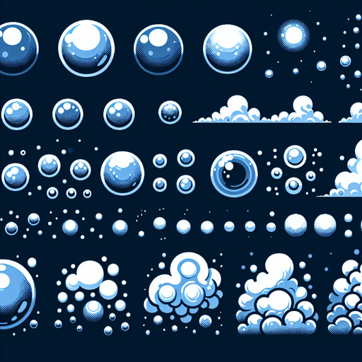 A sprite sheet of blue force field bubbles.
Single Game Texture. In-Game asset. 2d. Blank background. High contrast. No shadows.