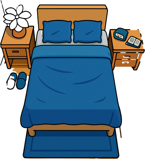a top view of a bedroom with a blue bed.
In-Game asset.  2d.  High contrast.  No shadows