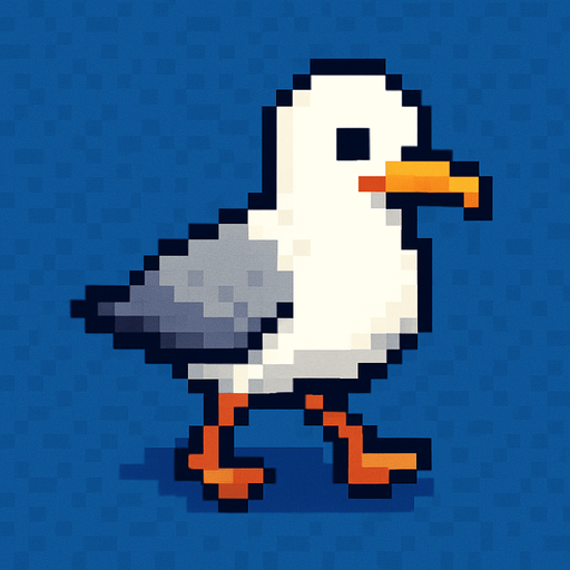 seagull, pixelart, walking down.
In-Game asset.  2d.  High contrast.  No shadows