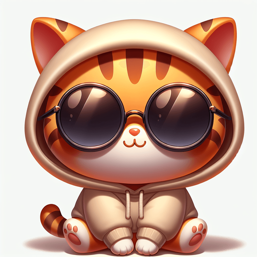The character in the image, a cartoon-style orange tabby cat with striking stripes, momentarily shifts its relaxed posture. Its round face, partially obscured by oversized, round, dark opaque sunglasses, suddenly animates with a hint of movement. From its small, cute, and chubby body clad in a simple, light-colored hoodie, a soft 'meow' escapes, adding a layer of charm and liveliness to its demeanor. The cat's paws, previously resting comfortably in front, slightly adjust as if to communicate through this gentle sound. This playful and whimsical moment enriches the character's appeal, making it an even more endearing mascot or protagonist for a children's book, bridging the gap between the visual and the expressive..
Single Game Texture. In-Game asset. 2d. Blank background. High contrast. No shadows.