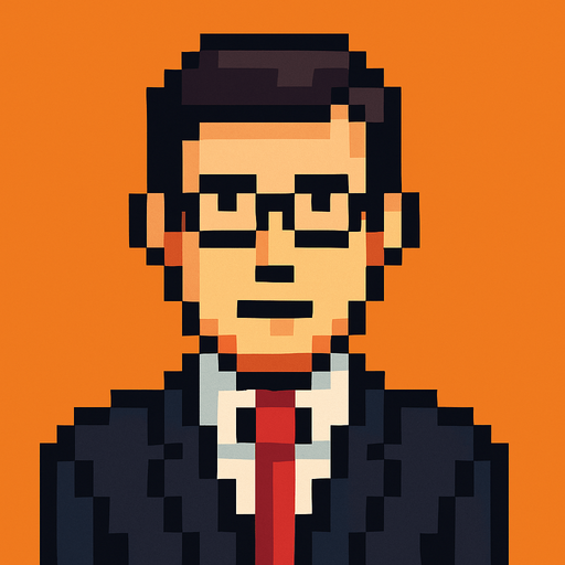 Hombre ejecutivo mirando a la cámara pixel art.
In-Game asset.  2d.  High contrast.  No shadows