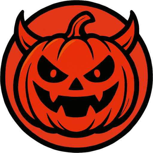 yuvarlak bir çerçevenin içerisinde şeytan kulaklı gülümseyen balkabağı kırmızı.
In-Game asset.  2d.  High contrast.  No shadows