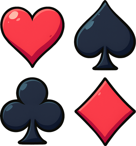 The four card suits arranged in 2x2 grid layout, no lines. Anime style.
In-Game asset.  2d.  High contrast.  No shadows