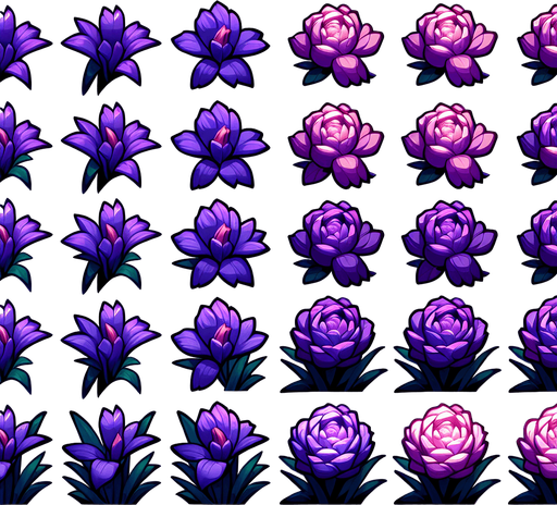 A sprite sheet of different purple iris seen from above. Cartoon. All similar size. Just the blossom. Bold colors and shading. 
Single Game Texture. In-Game asset. 2d. Blank background. High contrast. No shadows.