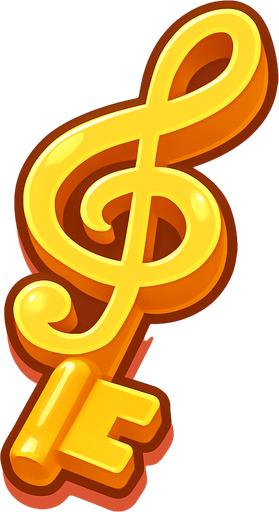 a delicious looking isometric symphony shaped golden key drawn as a 2D illustration for a cute mobile game.
In-Game asset.  2d.  High contrast.  No shadows