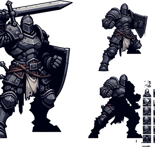 An animated image an aggressive medieval knight.
Single Game Texture. In-Game asset. 2d. Blank background. High contrast. No shadows.