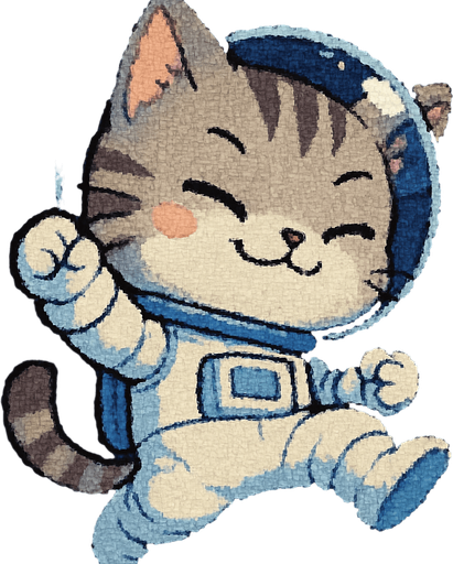 A cute kitten, illustrated in an adorable chibi anime style and wearing an astronaut suit, is leaping through outer space with a smug, confident smile on its face. Its pose is full of playful energy