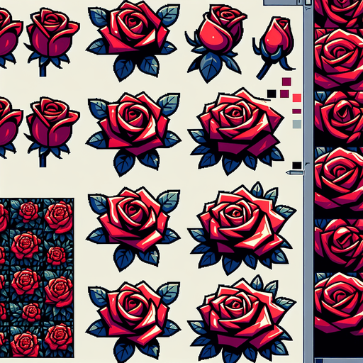 A sprite sheet of different red roses seen from above. Cartoon. All similar size. Just the blossom. Bold colors and shading. 
Single Game Texture. In-Game asset. 2d. Blank background. High contrast. No shadows.