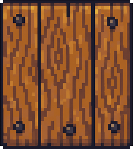 Vista cenital de una sola baldosa de puerta de madera, aislada, vista desde arriba, estilo pixel art 2D para videojuego, textura continua y repetible, sprite de 32x32. Sin manija, sin bisagras, sin marco, solo tablones de madera con clavos decorativos. Textura de vetas estilizadas. Arte estilo hecho a mano. Alto contraste, sin sombras. Sin fondo.