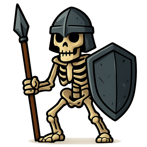 Skeleton with an Iron helmet, Iron spear and a big iron shield.
In-Game asset.  2d.  High contrast.  No shadows