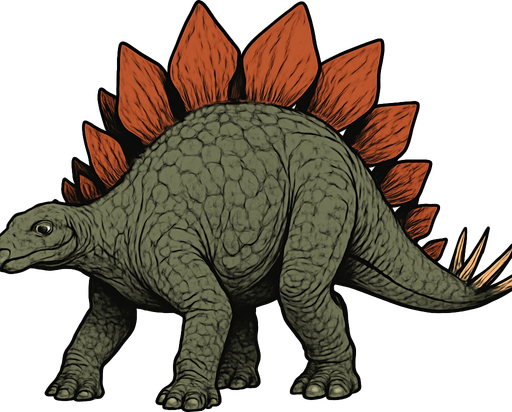 A large Stegosaurus dinosaur with a bulky body covered in grayish-green rough scaly skin. Its back is lined with two rows of large, reddish plates that gradually taper toward the tail. The tail ends with four long, sharp spikes (thagomizer) for defense. The small head has a beaked mouth and gentle eyes. The skin shows detailed scales and subtle wrinkles, giving it a lifelike prehistoric look..
In-Game asset.  2d.  High contrast.  No shadows