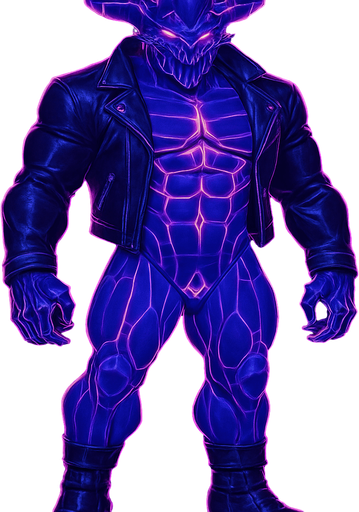 Black leather biker jacket longsleeves bare segmented neon cyberpunk pecs abs muscles robot monster hunk Neon cyberpunk 3d hologram corporate occult demon android mecha robot sentinel guard soldier machine monster fully in frame no part cut off no background anime futuristic Background removed, "Full-body character, entirely in frame, no cropping of face, head, or feet" "Complete character visible, from head to toe, fully centered in the image" "Entire character, including face and boots, fully within the frame" Character fully contained within a square frame, no edges cut off  horns through boots