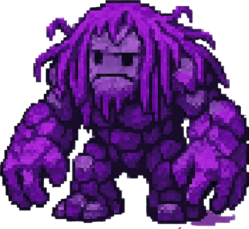 Genera una imagen de un monstruo corrupto morado de piedra qué no sea tan terrorífico, y que sea pixel.Y qué tenga manos grandes, y torso y que la cabeza no sea tan terrorífico, y no le ponga ojos perturbadores, y que su cabeza sea de un tamaño moderado no muy grande, que algo que si sea grande sea sus brazos, y que tenga algas moradas y que tenga algunas piedras moradas y otras piedras que no sean moradas qué sean grises 
In-Game asset.  2d.  High contrast.  No shadows.